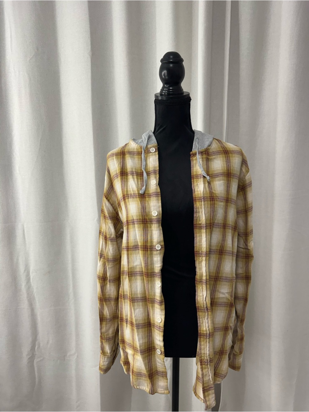 PacSun Yellow Plaid Button-Down Shirt with Gray Hood